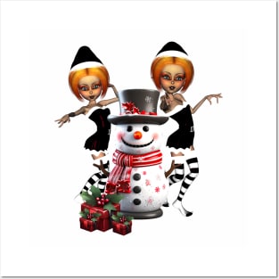 Cute dark christmas elf with snowman. Posters and Art